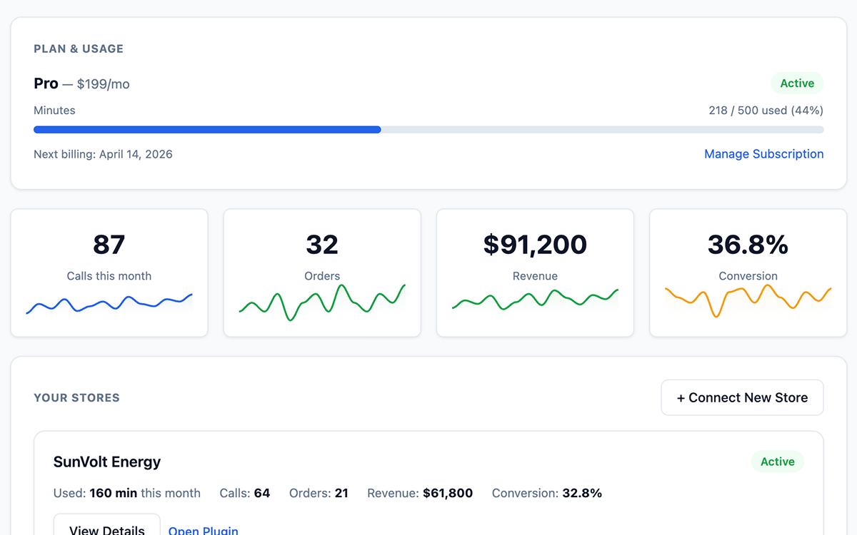 Slivo Dashboard — plan, minutes, stores